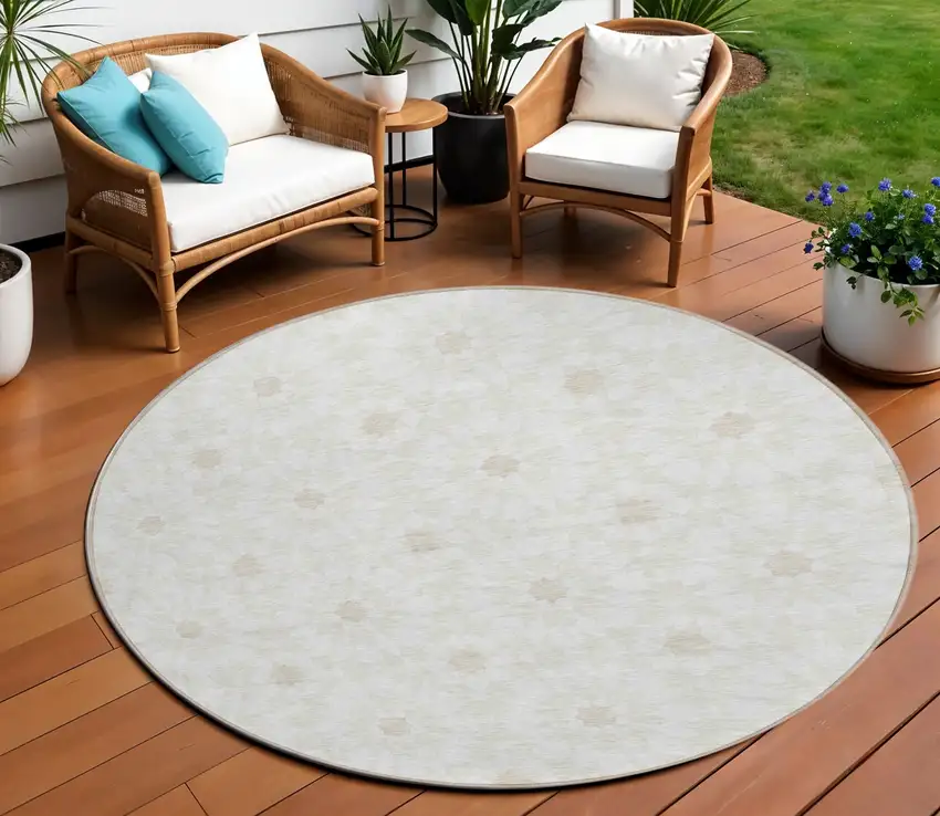 8' Ivory Beige And Taupe Round Floral Medallion Washable Indoor Outdoor Area Rug Photo 1