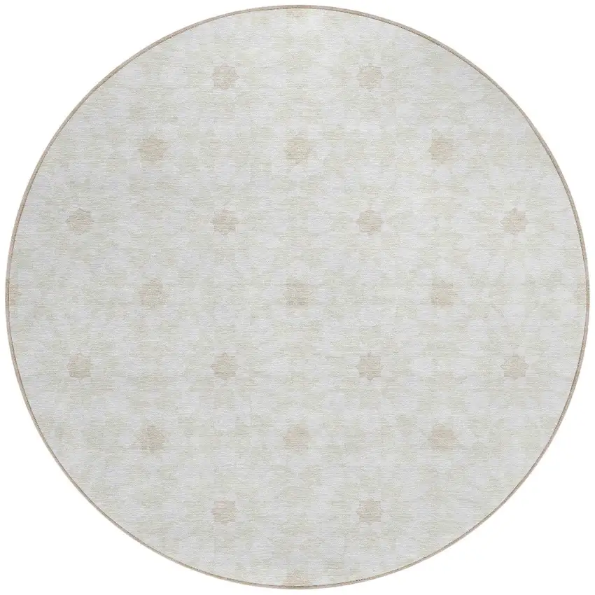 8' Ivory Beige And Taupe Round Floral Medallion Washable Indoor Outdoor Area Rug Photo 5