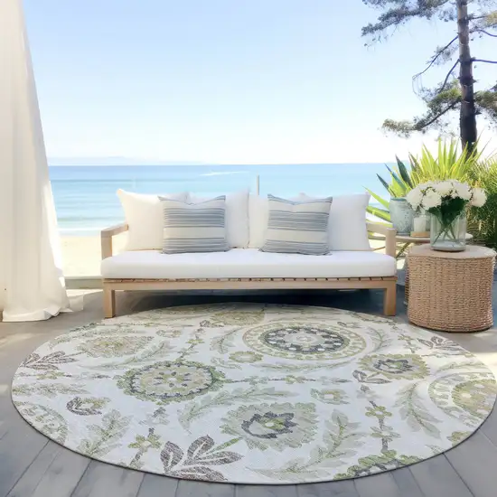 8' Ivory Beige And Taupe Round Floral Washable Indoor Outdoor Area Rug Photo 6