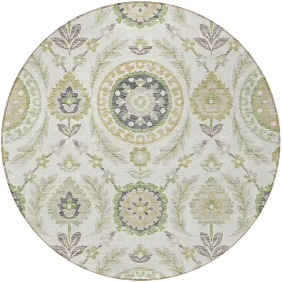 8' Ivory Beige And Taupe Round Floral Washable Indoor Outdoor Area Rug Photo 5