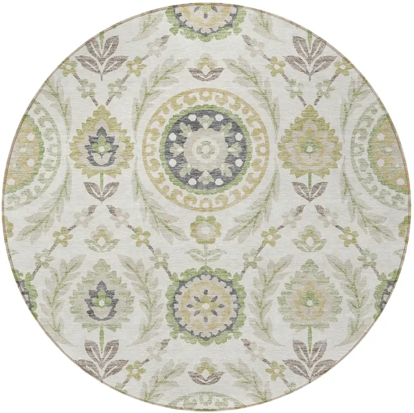8' Ivory Beige And Taupe Round Floral Washable Indoor Outdoor Area Rug Photo 5