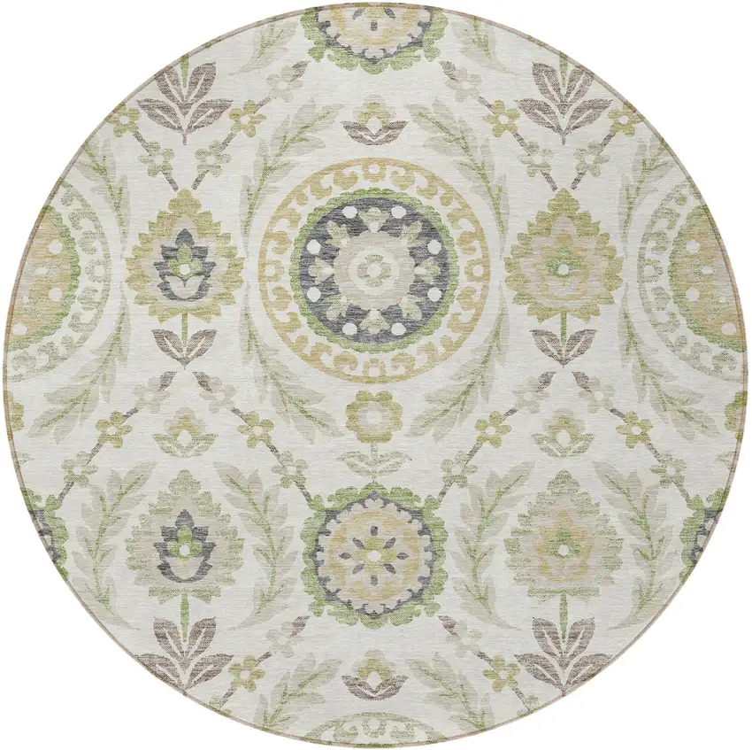 8' Ivory Beige And Taupe Round Floral Washable Indoor Outdoor Area Rug Photo 5