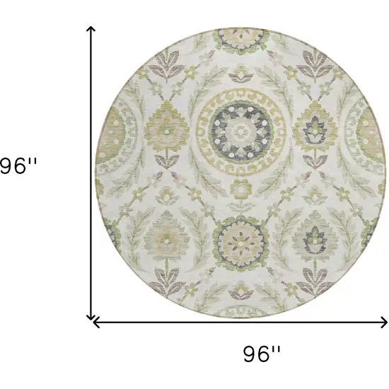 8' Ivory Beige And Taupe Round Floral Washable Indoor Outdoor Area Rug Photo 8