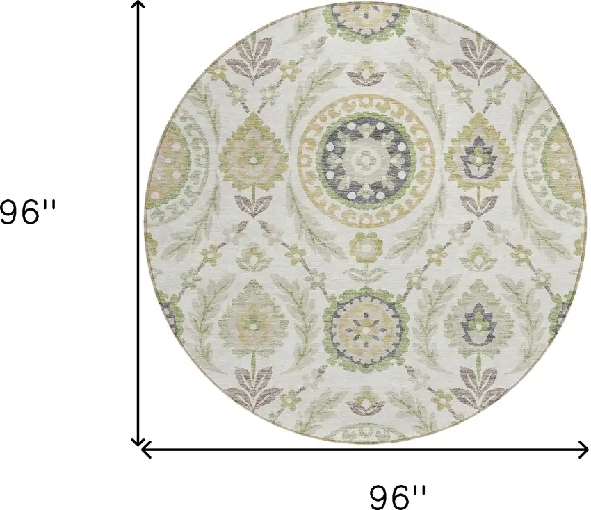 8' Ivory Beige And Taupe Round Floral Washable Indoor Outdoor Area Rug Photo 8
