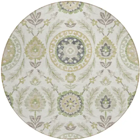 8' Ivory Beige And Taupe Round Floral Washable Indoor Outdoor Area Rug Photo 2