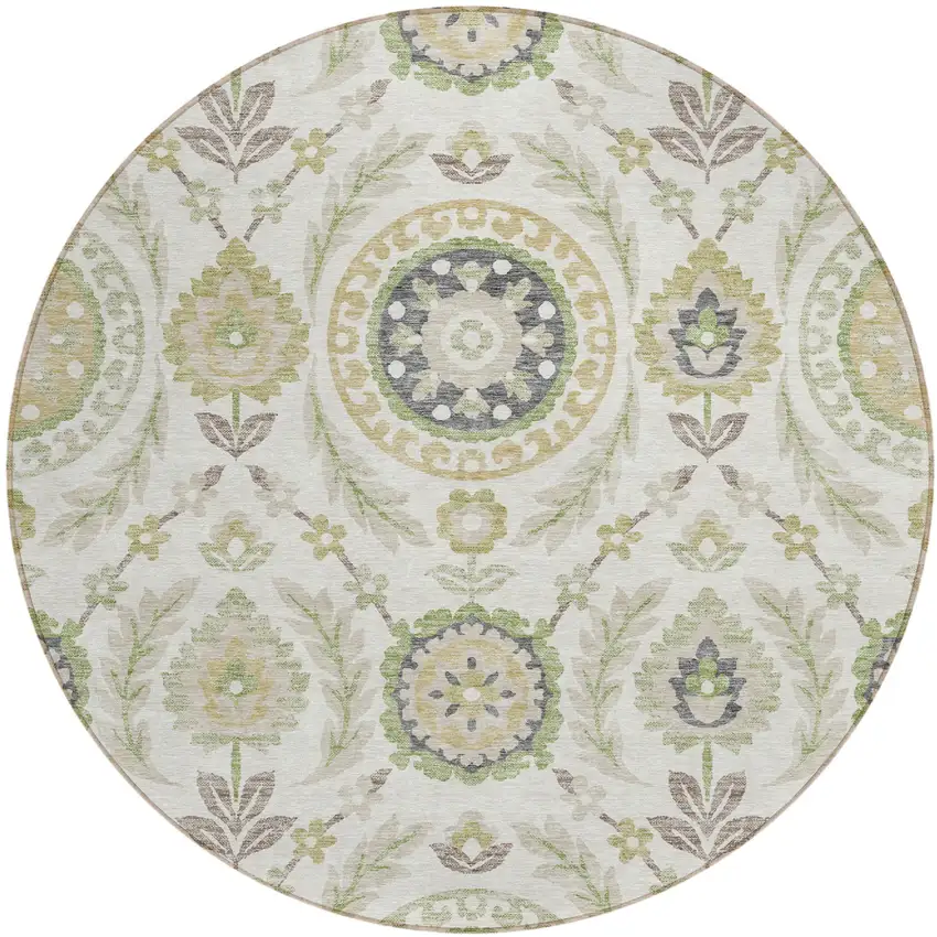 8' Ivory Beige And Taupe Round Floral Washable Indoor Outdoor Area Rug Photo 2