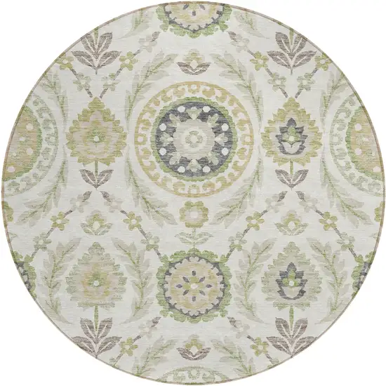 8' Ivory Beige And Taupe Round Floral Washable Indoor Outdoor Area Rug Photo 2