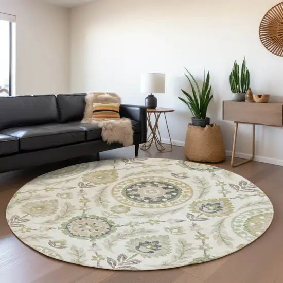 8' Ivory Beige And Taupe Round Floral Washable Indoor Outdoor Area Rug Photo 7