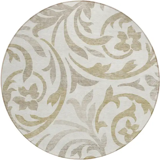 8' Ivory Beige And Taupe Round Floral Washable Indoor Outdoor Area Rug Photo 1