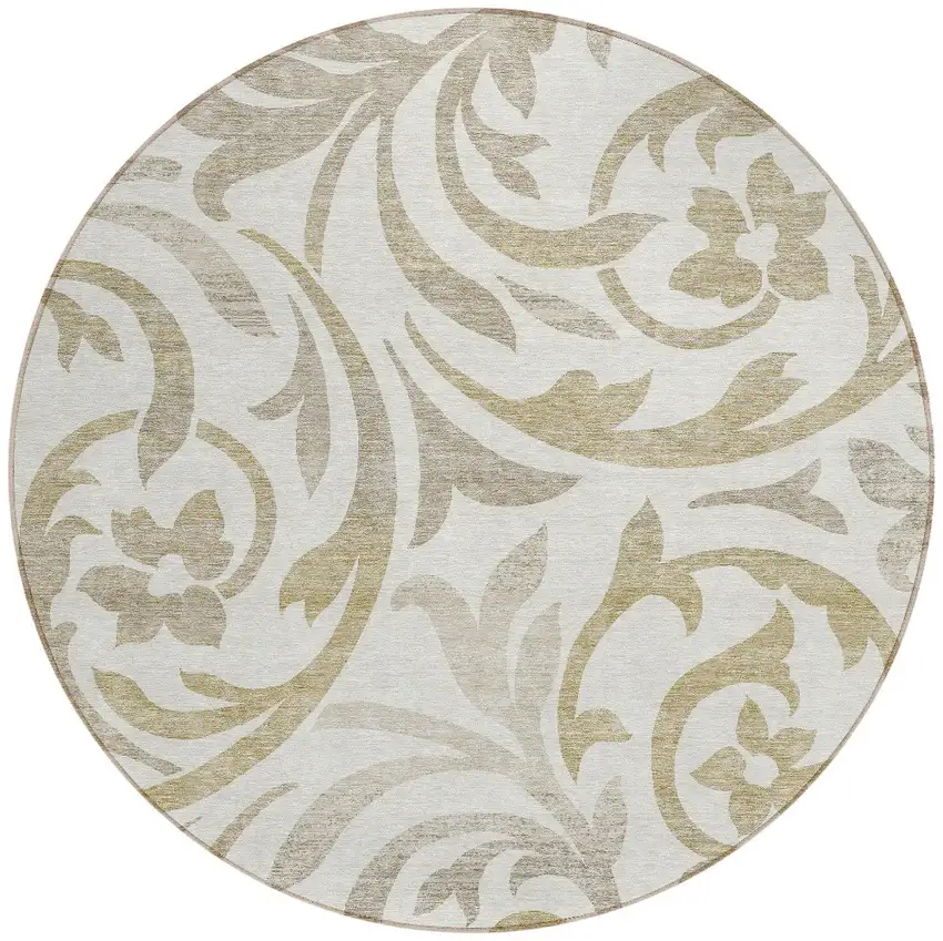 8' Ivory Beige And Taupe Round Floral Washable Indoor Outdoor Area Rug Photo 5