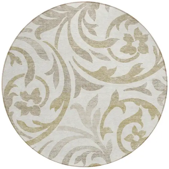 8' Ivory Beige And Taupe Round Floral Washable Indoor Outdoor Area Rug Photo 5
