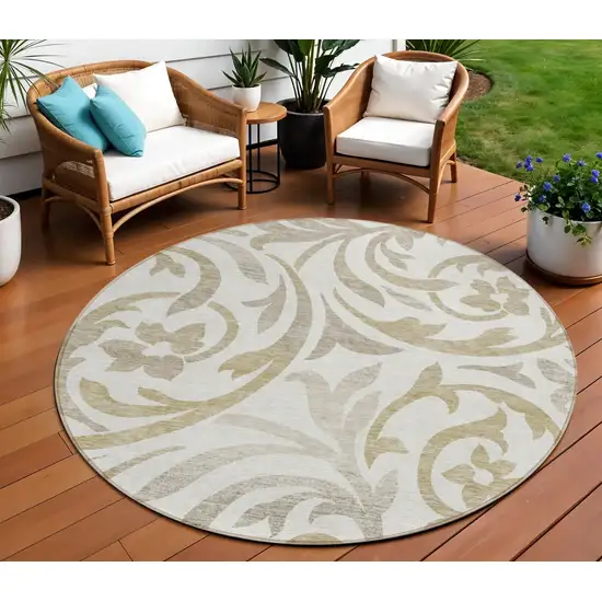 8' Ivory Beige And Taupe Round Floral Washable Indoor Outdoor Area Rug Photo 1