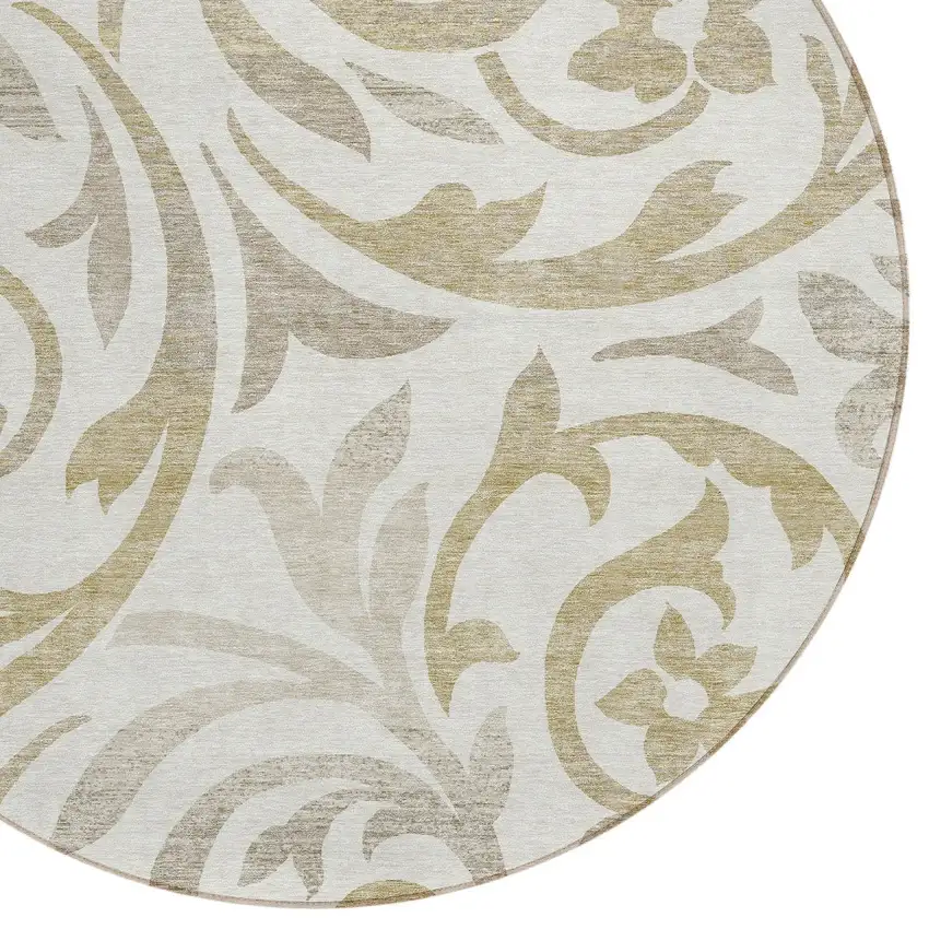 8' Ivory Beige And Taupe Round Floral Washable Indoor Outdoor Area Rug Photo 4