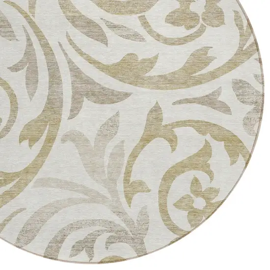 8' Ivory Beige And Taupe Round Floral Washable Indoor Outdoor Area Rug Photo 4