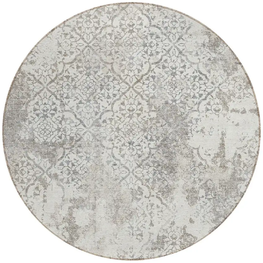 8' Ivory Beige And Taupe Round Floral Washable Indoor Outdoor Area Rug Photo 5