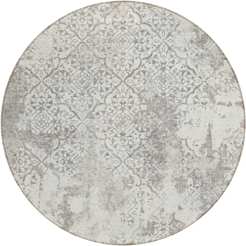 8' Ivory Beige And Taupe Round Floral Washable Indoor Outdoor Area Rug Photo 1