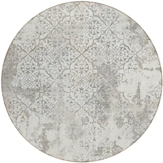 8' Ivory Beige And Taupe Round Floral Washable Indoor Outdoor Area Rug Photo 1