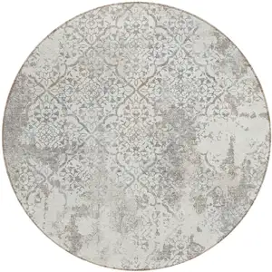 Photo of 8' Ivory Beige And Taupe Round Floral Washable Indoor Outdoor Area Rug