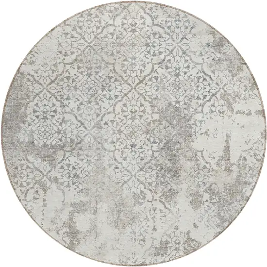8' Ivory Beige And Taupe Round Floral Washable Indoor Outdoor Area Rug Photo 1