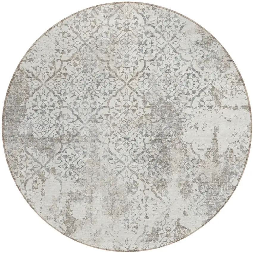 8' Ivory Beige And Taupe Round Floral Washable Indoor Outdoor Area Rug Photo 1