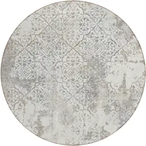 Photo of 8' Ivory Beige And Taupe Round Floral Washable Indoor Outdoor Area Rug