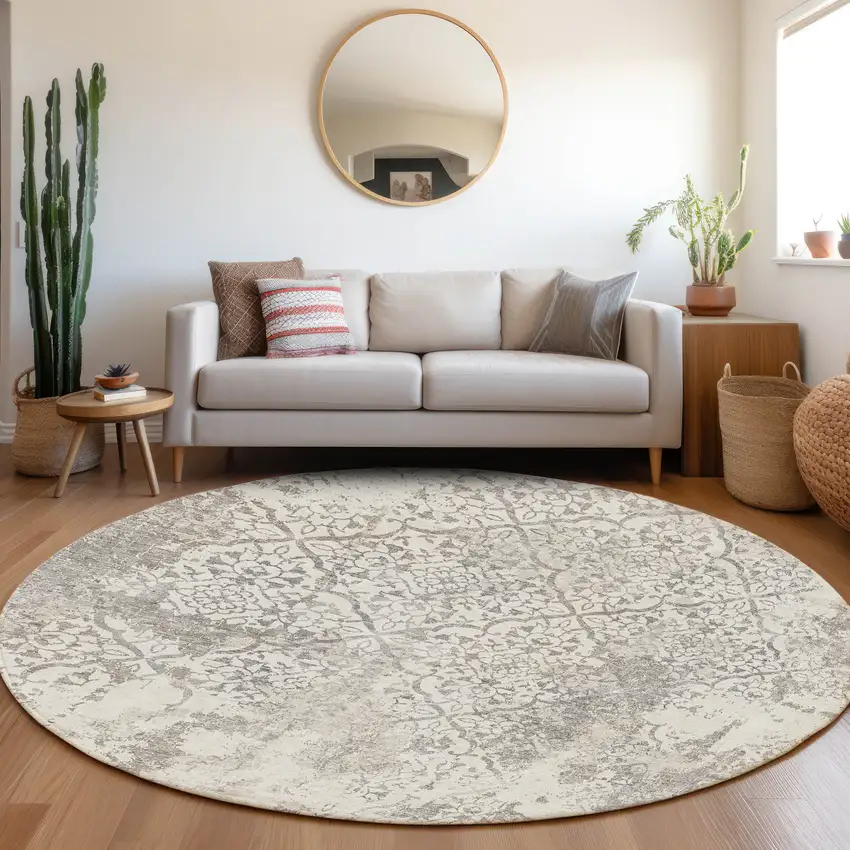 8' Ivory Beige And Taupe Round Floral Washable Indoor Outdoor Area Rug Photo 7