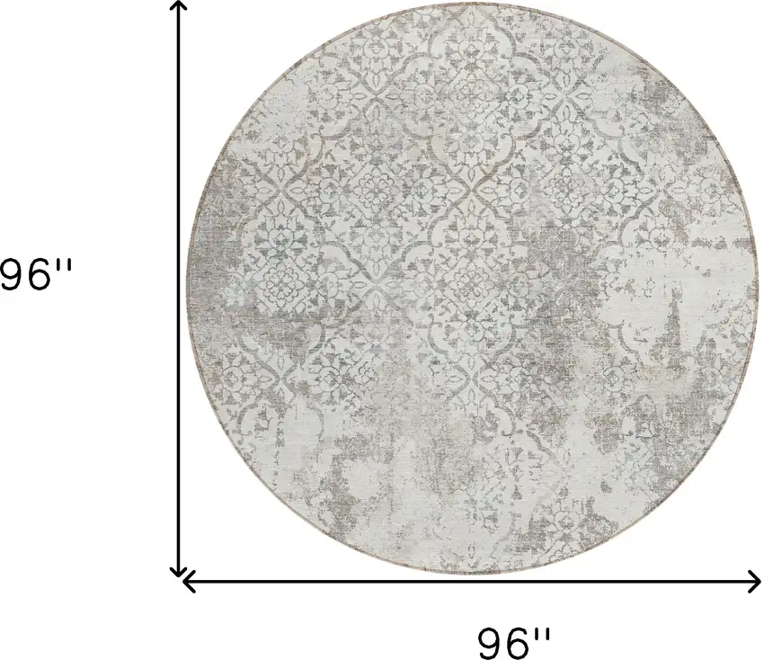 8' Ivory Beige And Taupe Round Floral Washable Indoor Outdoor Area Rug Photo 8