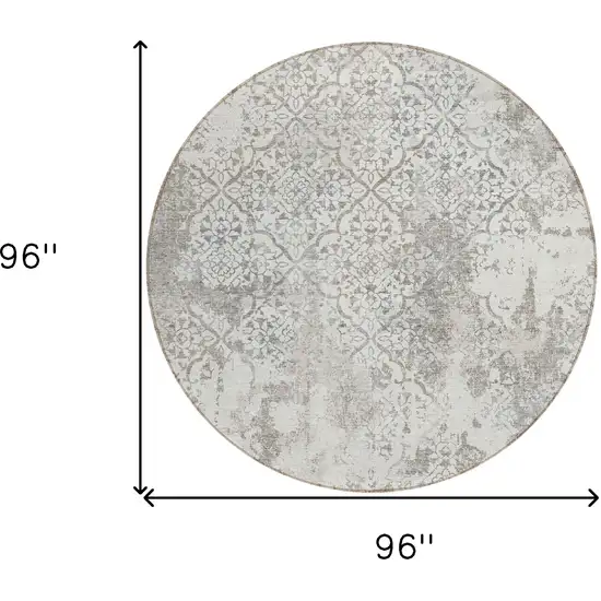 8' Ivory Beige And Taupe Round Floral Washable Indoor Outdoor Area Rug Photo 8