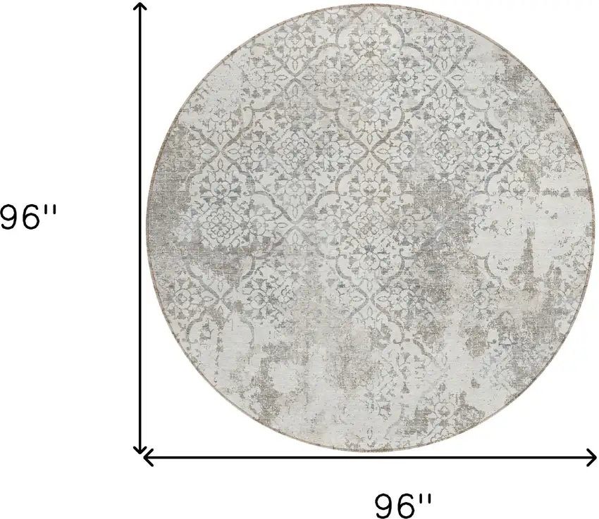 8' Ivory Beige And Taupe Round Floral Washable Indoor Outdoor Area Rug Photo 8