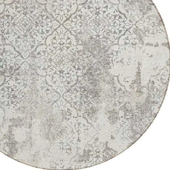 8' Ivory Beige And Taupe Round Floral Washable Indoor Outdoor Area Rug Photo 4