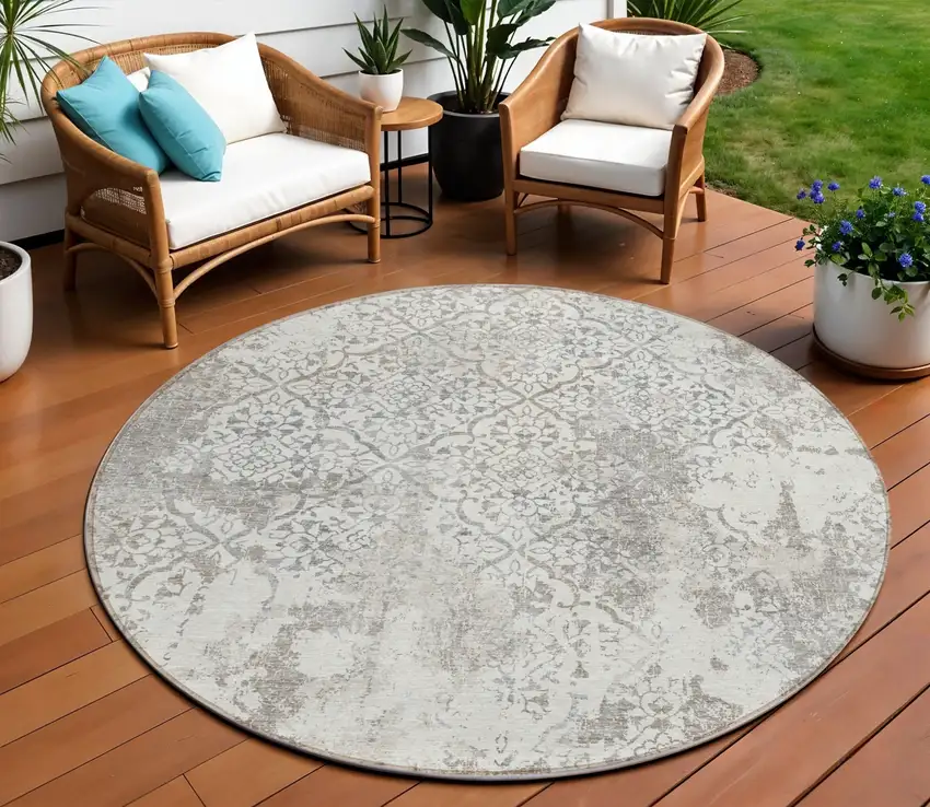 8' Ivory Beige And Taupe Round Floral Washable Indoor Outdoor Area Rug Photo 1
