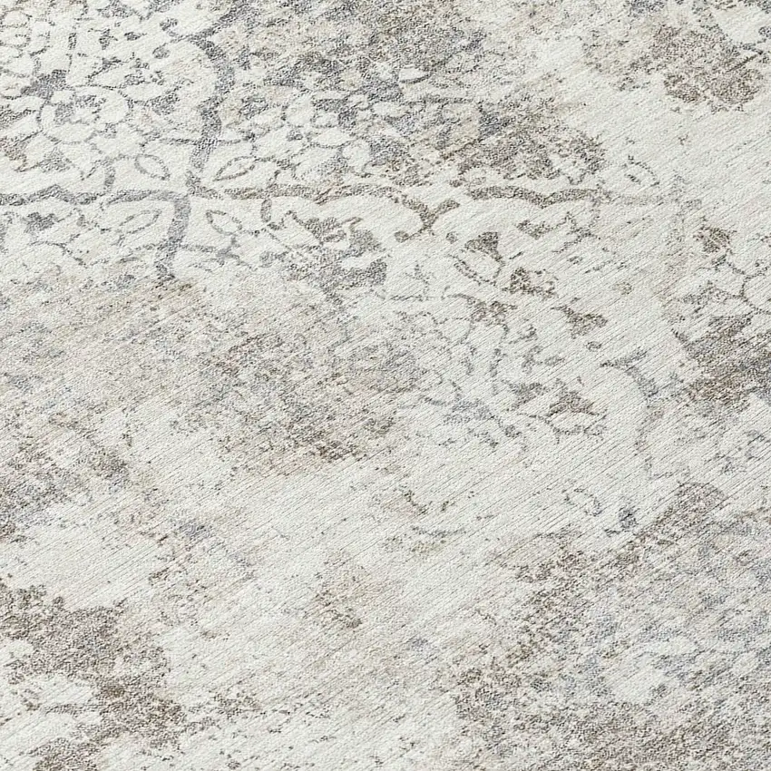 8' Ivory Beige And Taupe Round Floral Washable Indoor Outdoor Area Rug Photo 9
