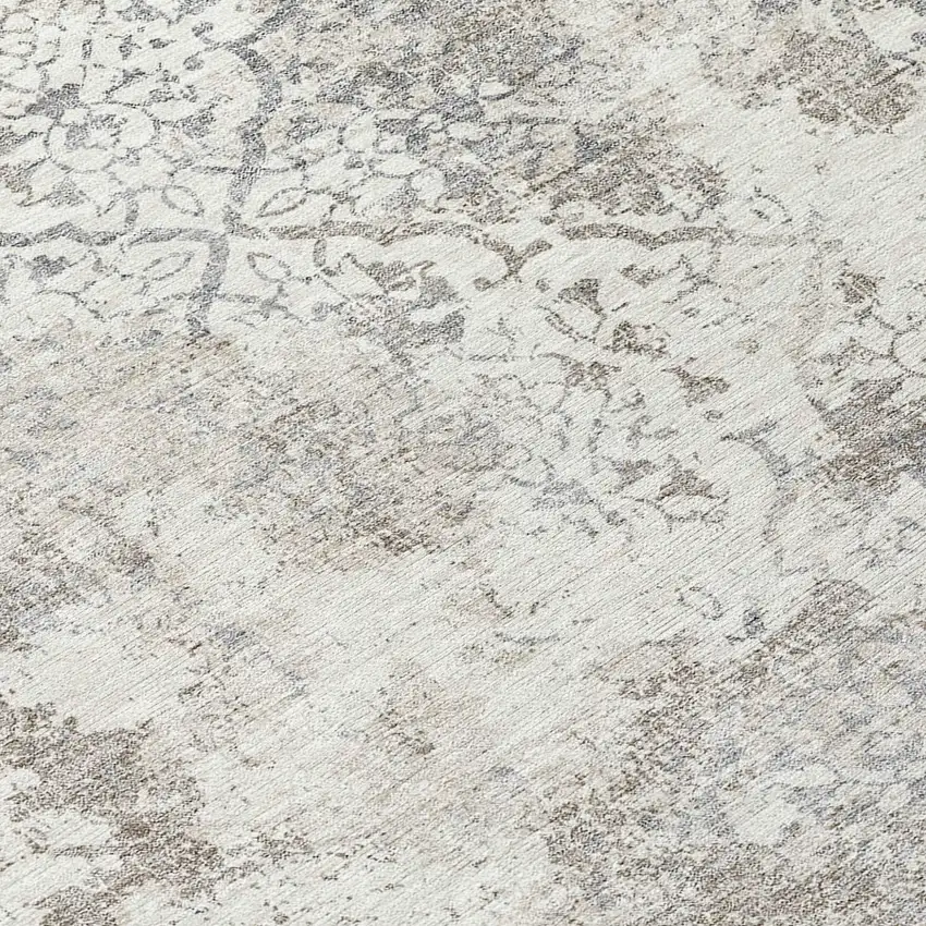 8' Ivory Beige And Taupe Round Floral Washable Indoor Outdoor Area Rug Photo 9