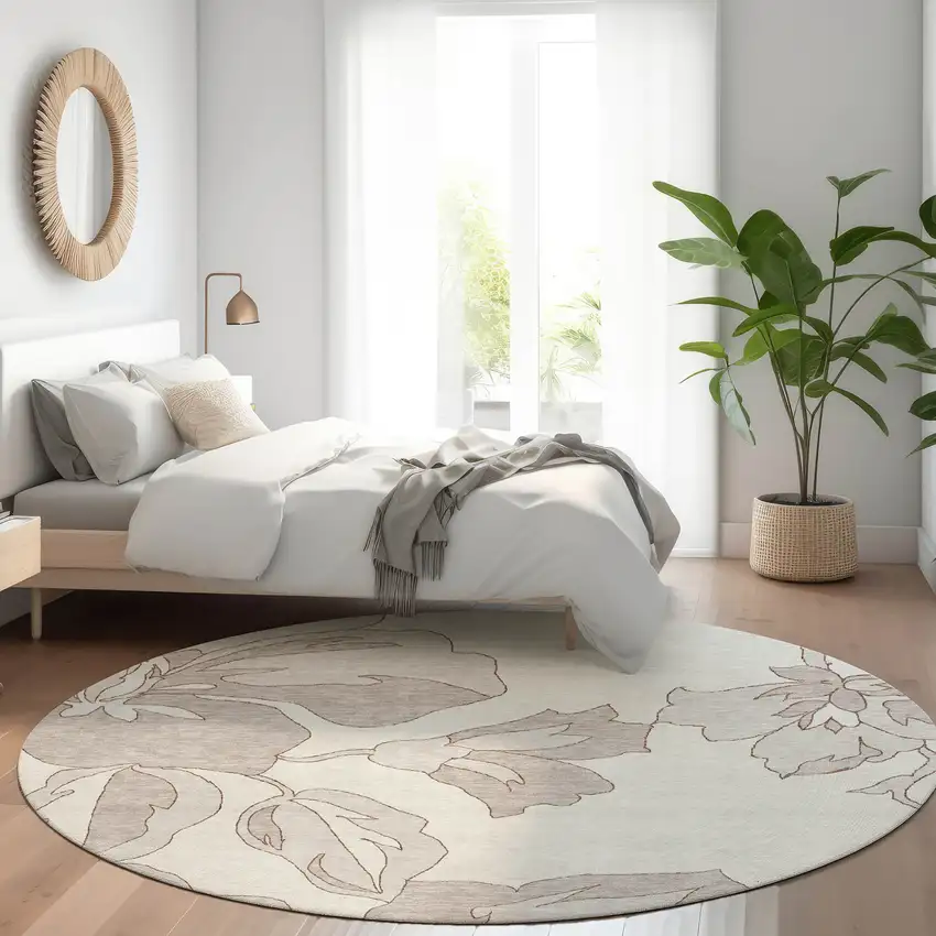 8' Ivory Beige And Taupe Round Floral Washable Indoor Outdoor Area Rug Photo 9