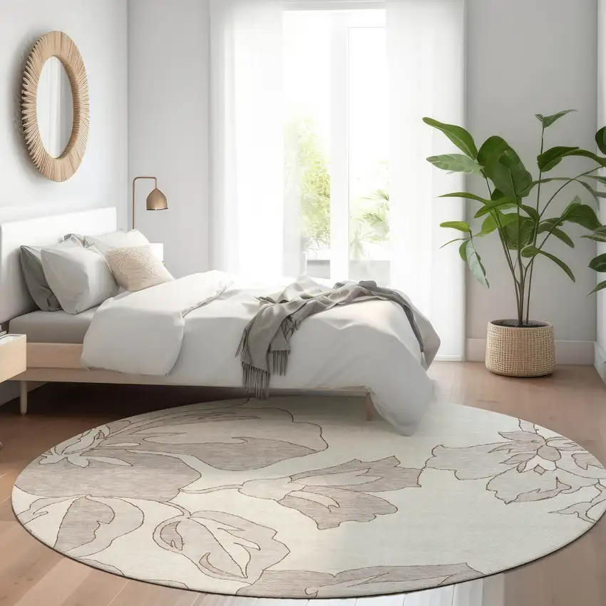 8' Ivory Beige And Taupe Round Floral Washable Indoor Outdoor Area Rug Photo 9