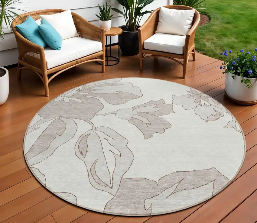 8' Ivory Beige And Taupe Round Floral Washable Indoor Outdoor Area Rug Photo 1