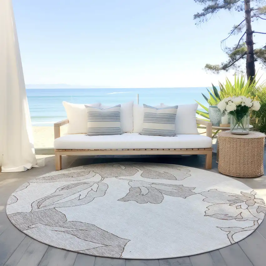 8' Ivory Beige And Taupe Round Floral Washable Indoor Outdoor Area Rug Photo 8
