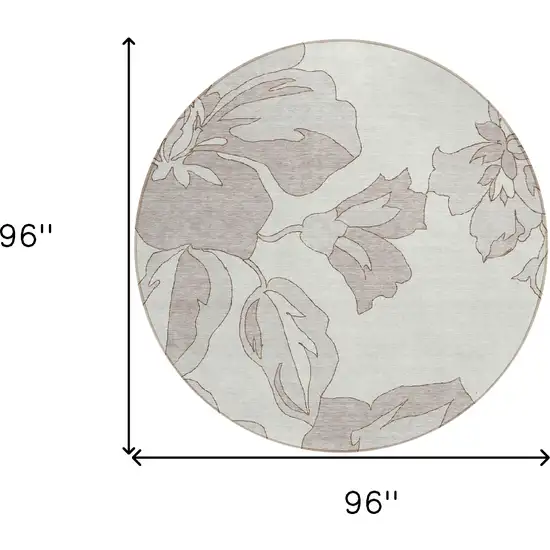 8' Ivory Beige And Taupe Round Floral Washable Indoor Outdoor Area Rug Photo 3