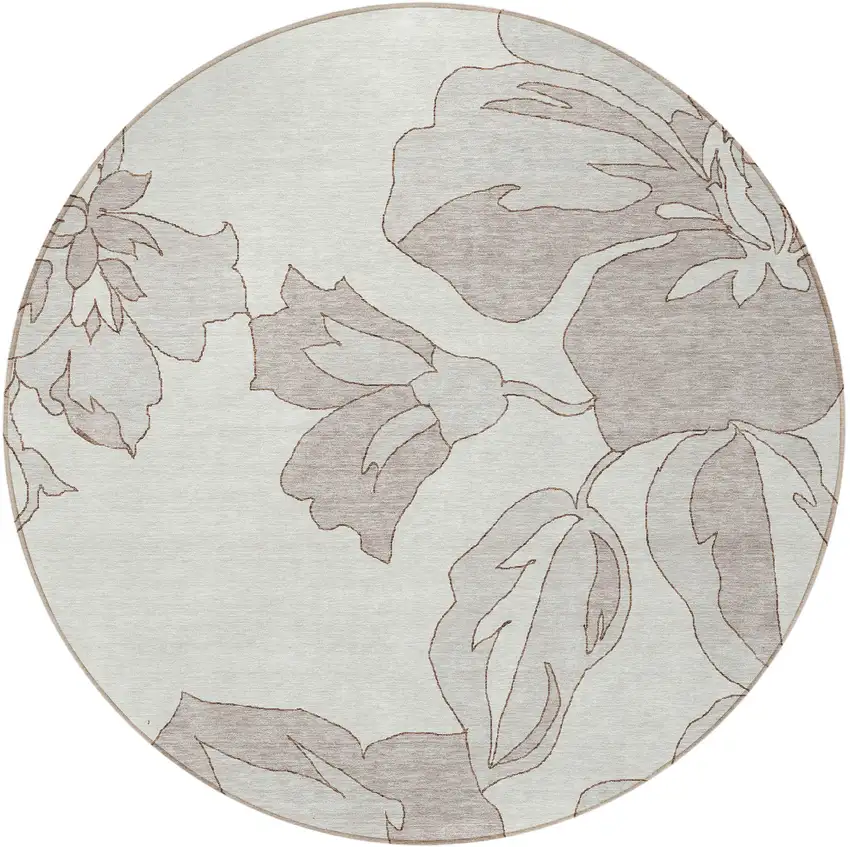 8' Ivory Beige And Taupe Round Floral Washable Indoor Outdoor Area Rug Photo 7