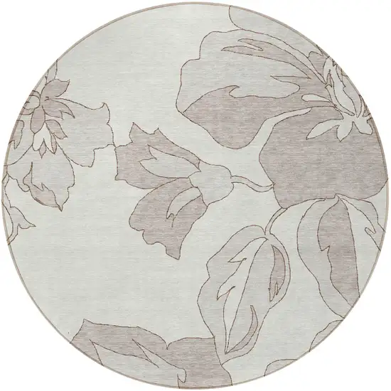 8' Ivory Beige And Taupe Round Floral Washable Indoor Outdoor Area Rug Photo 7