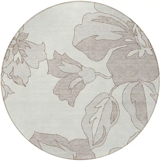8' Ivory Beige And Taupe Round Floral Washable Indoor Outdoor Area Rug Photo 7