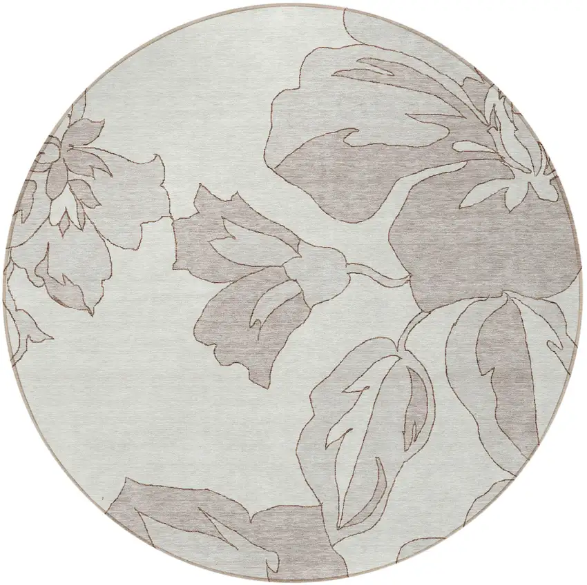 8' Ivory Beige And Taupe Round Floral Washable Indoor Outdoor Area Rug Photo 7
