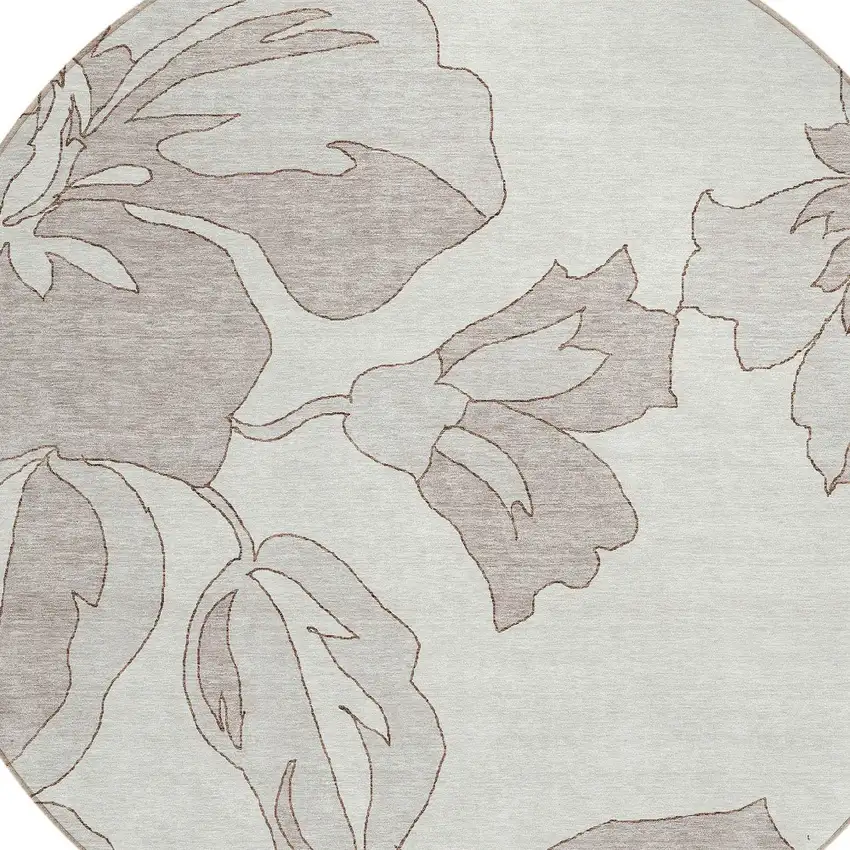 8' Ivory Beige And Taupe Round Floral Washable Indoor Outdoor Area Rug Photo 6