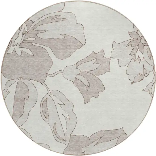 8' Ivory Beige And Taupe Round Floral Washable Indoor Outdoor Area Rug Photo 2