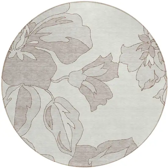 8' Ivory Beige And Taupe Round Floral Washable Indoor Outdoor Area Rug Photo 2
