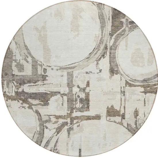 8' Ivory Beige And Taupe Round Geometric Washable Indoor Outdoor Area Rug Photo 6