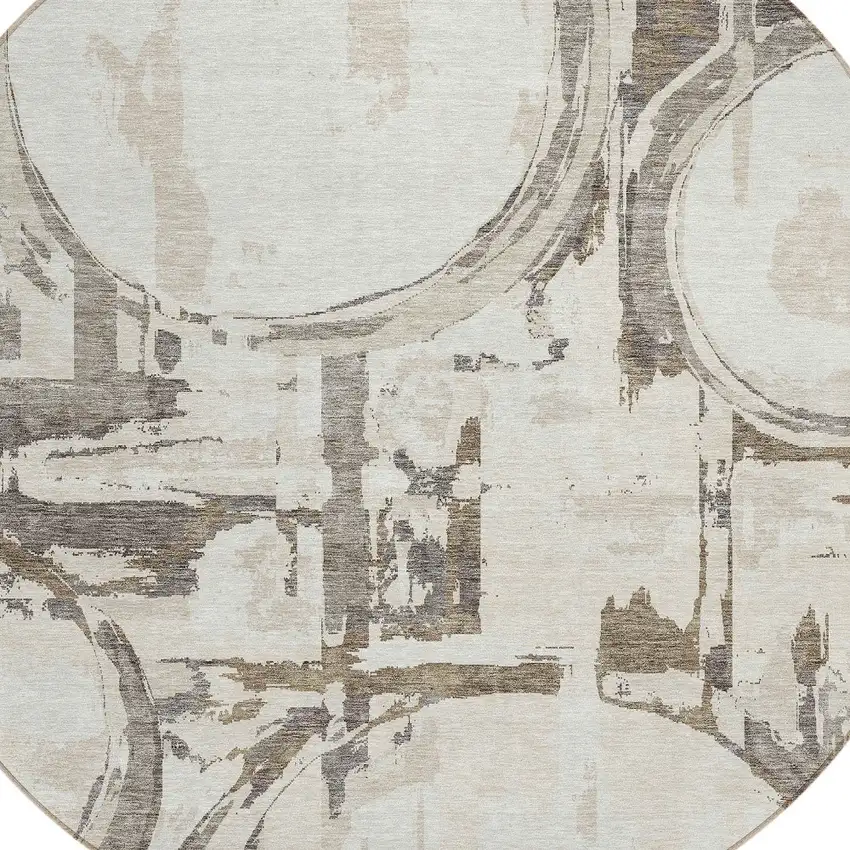 8' Ivory Beige And Taupe Round Geometric Washable Indoor Outdoor Area Rug Photo 5