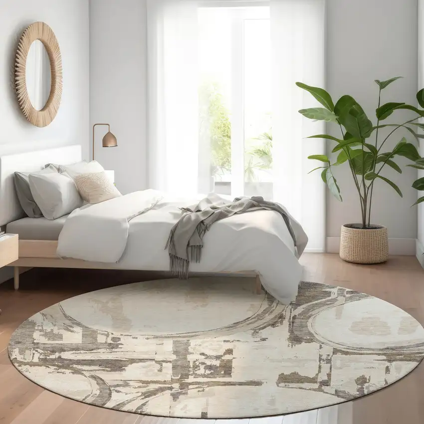 8' Ivory Beige And Taupe Round Geometric Washable Indoor Outdoor Area Rug Photo 8