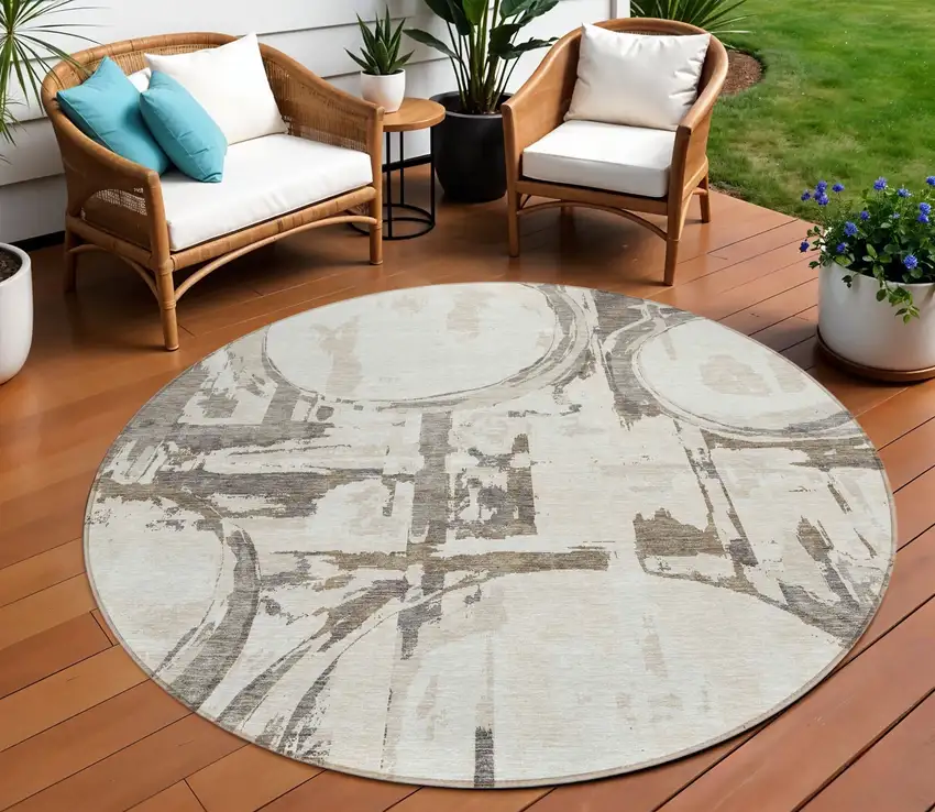 8' Ivory Beige And Taupe Round Geometric Washable Indoor Outdoor Area Rug Photo 1