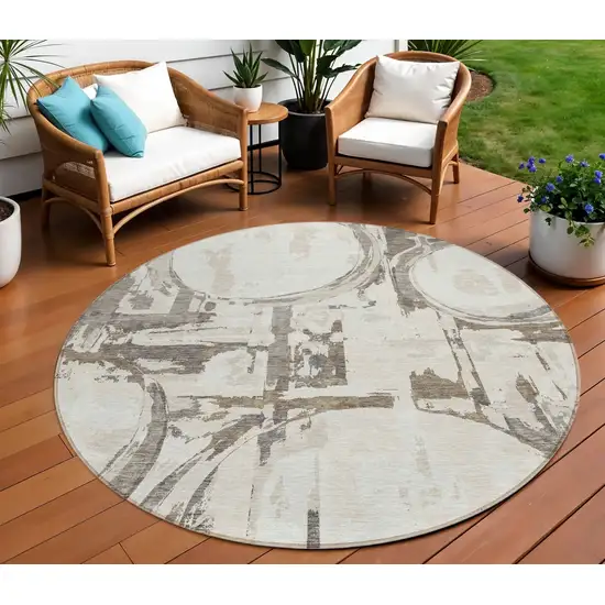 8' Ivory Beige And Taupe Round Geometric Washable Indoor Outdoor Area Rug Photo 1
